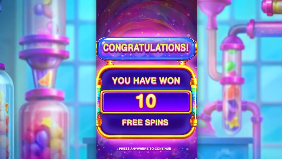 Tampilan antarmuka slot Sweet Burst dengan tema laboratorium permen futuristik